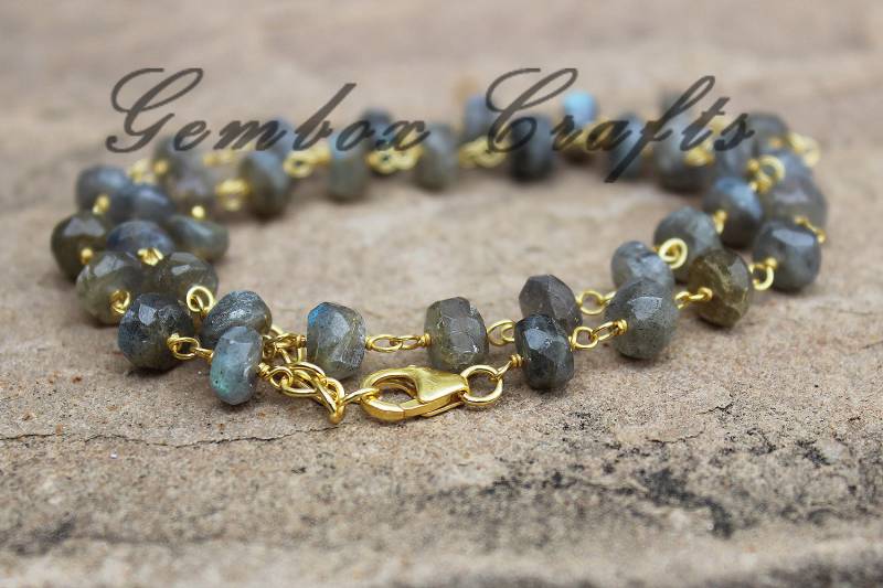 Natürlicher Labradorit 6mm Rondelle Facettierte 925 Sterling Silber Perlen Kette Vergoldete Halskette + 1 Perle Am Ende von GemboxCrafts