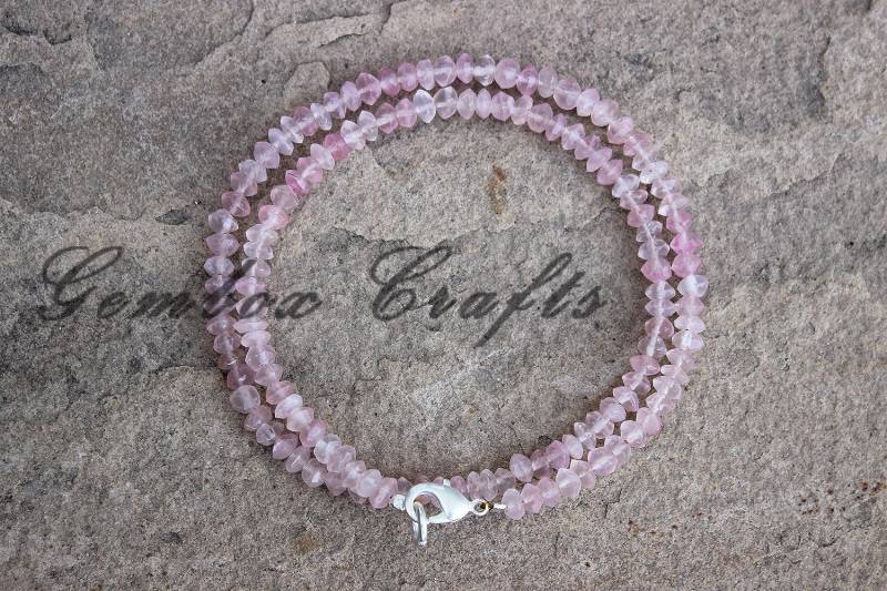 Schöne Natürliche Rosenquarz 3-4 Mm Roundel Facettierte Perlen Silber Halskette von GemboxCrafts