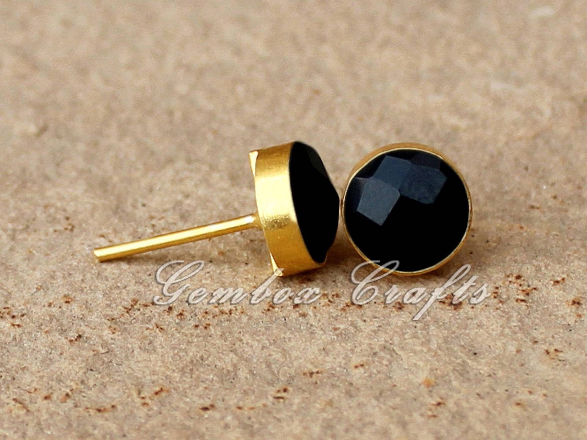 Schwarz Onyx Runde Checker Cut 925 Sterling Silber Vergoldet Glatte Ohrstecker von GemboxCrafts