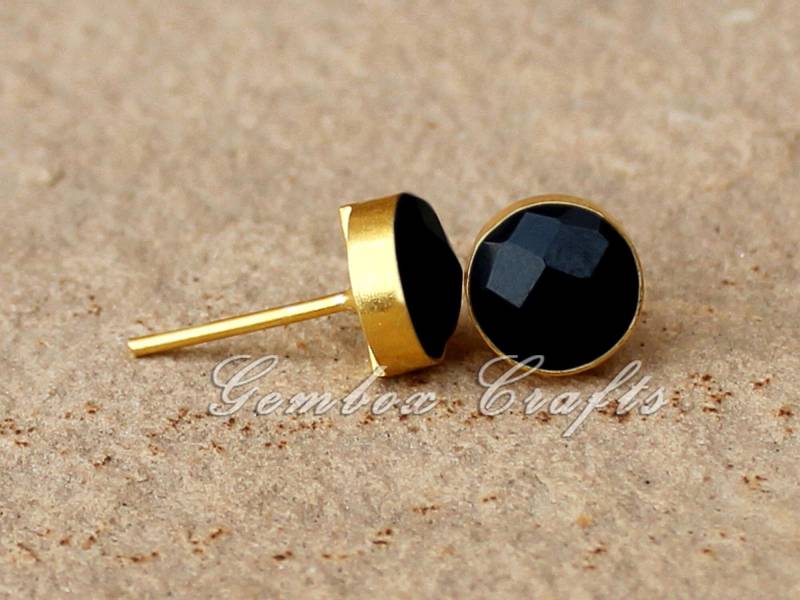 Schwarz Onyx Runde Checker Cut 925 Sterling Silber Vergoldet Glatte Ohrstecker von GemboxCrafts