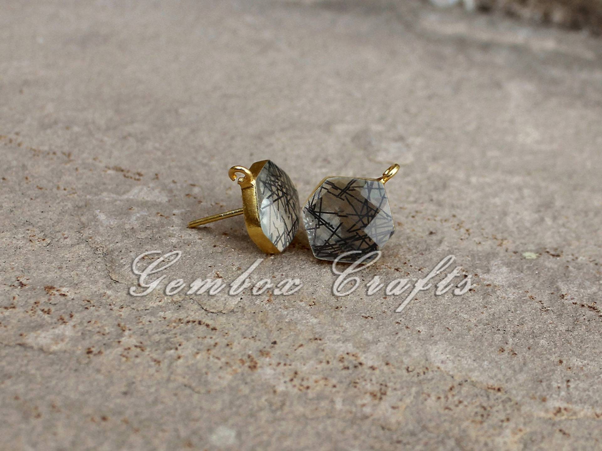 Schwarz Rutilquarz Hexagon Checker Cut 925 Sterling Silber Vergoldet Glatte Ohrstecker Mit Schlaufe von GemboxCrafts