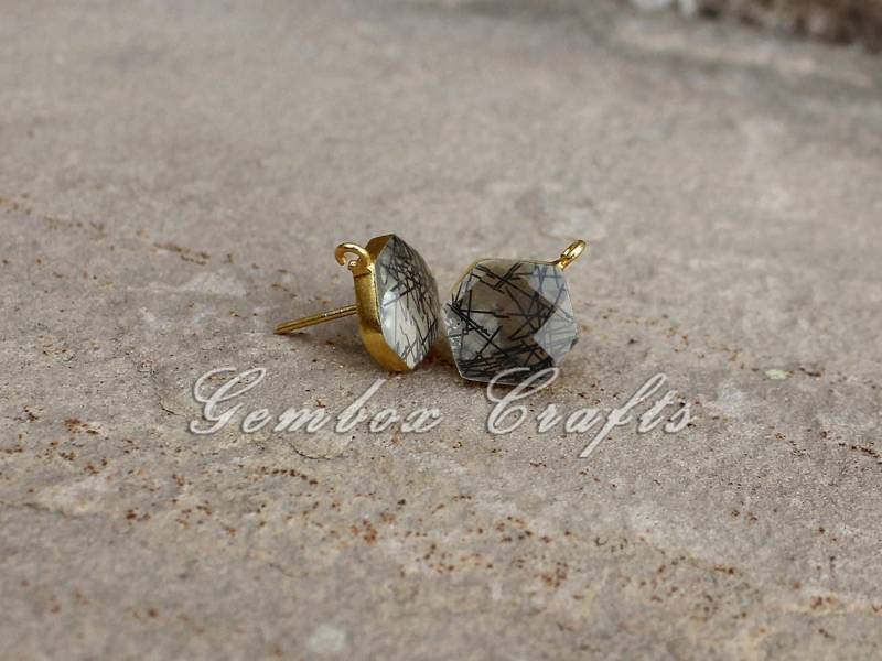 Schwarz Rutilquarz Hexagon Checker Cut 925 Sterling Silber Vergoldet Glatte Ohrstecker Mit Schlaufe von GemboxCrafts