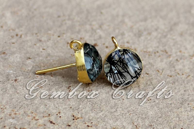 Schwarz Rutilquarz Hydro Quarz Runde Checker Cut 925 Sterling Silber Vergoldet Glatte Ohrstecker Mit Schlaufe von GemboxCrafts
