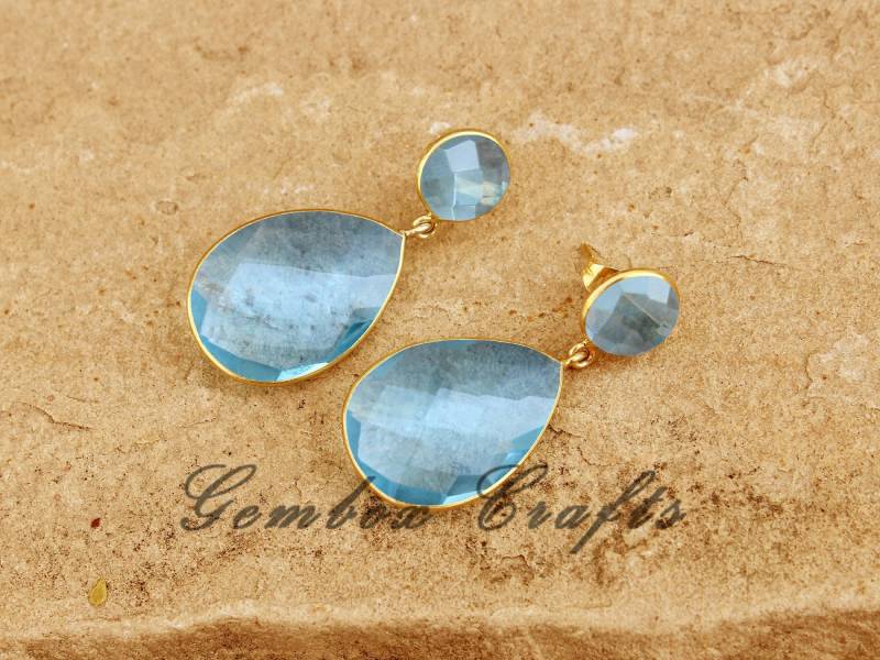 Sky Blue Topas Ohrringe. Blaue Hydro Quarz Runde Post Ohrring. 925 Silber Tear Drop Leichte Ohrstecker, 14K Vermeil Baumeln Ohrring von GemboxCrafts