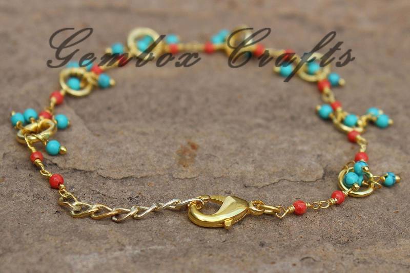 Türkis Und Koralle 2mm Runde Glatte Messing Metalllegierung Vergoldet Cluster Kette Armband von GemboxCrafts