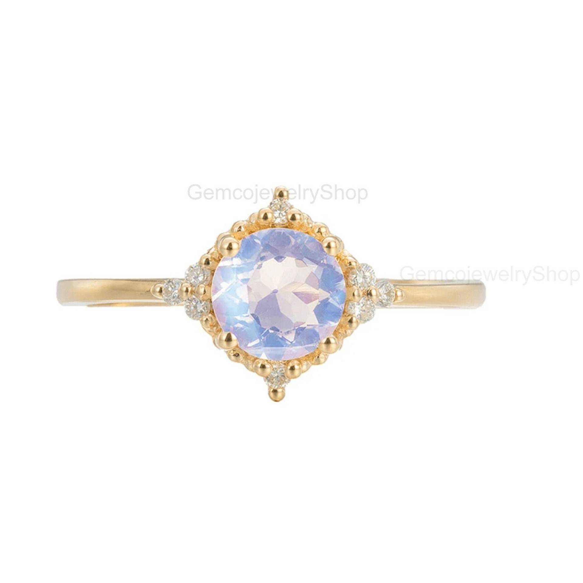 14K Solid Gelb Gold Regenbogen Mondstein Verlobungsring Natürlicher Diamant Ehering Für Die Braut Versprechen Ring Geschenk Ihren Täglichen von GemcojewelryShop