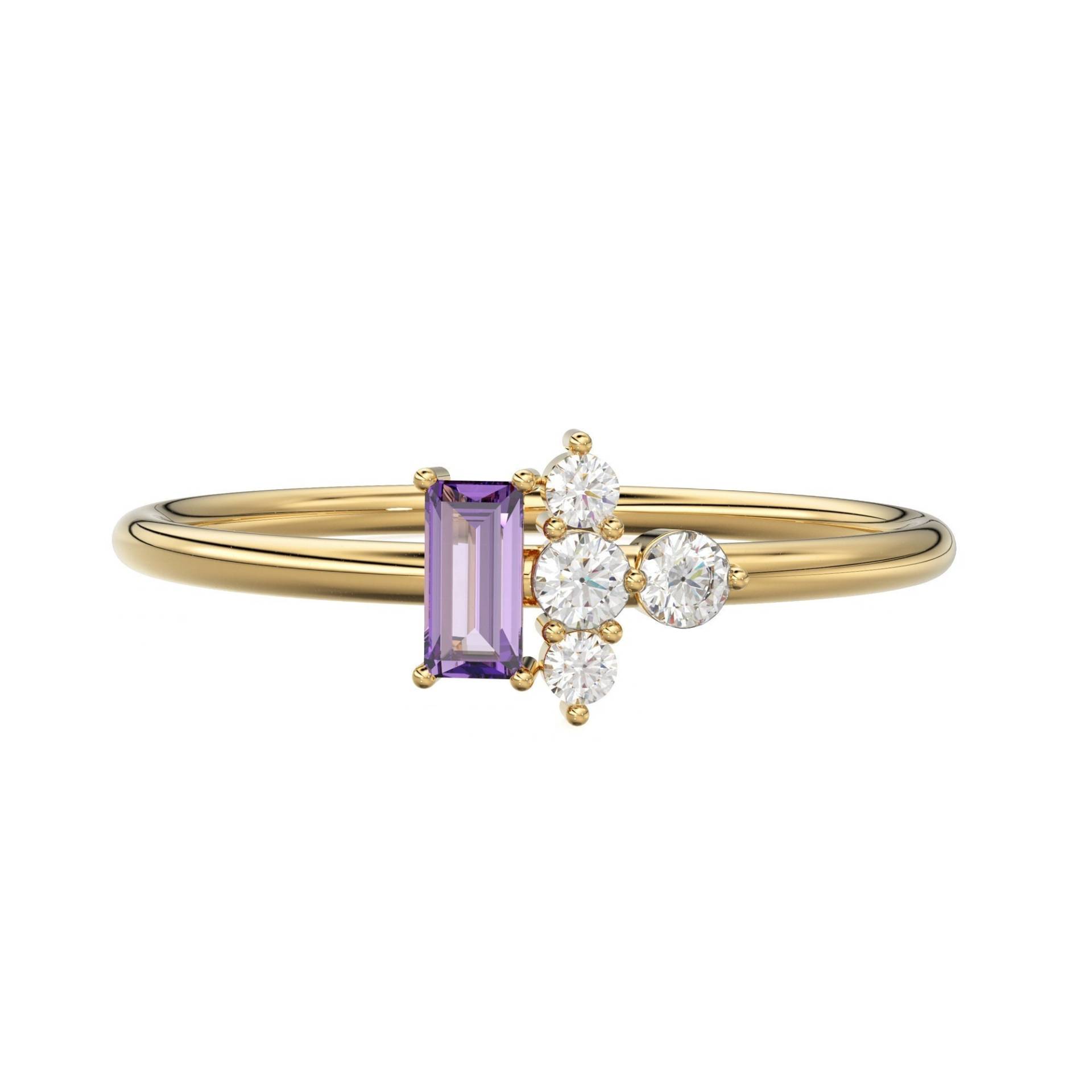 14K Solid Gelbgold Natürliche Diamant Und Baguette Amethyst Ring Cluster Hochzeit Minimalist Fine Schmuck Mütter Tage Besonderes Geschenk von GemcojewelryShop