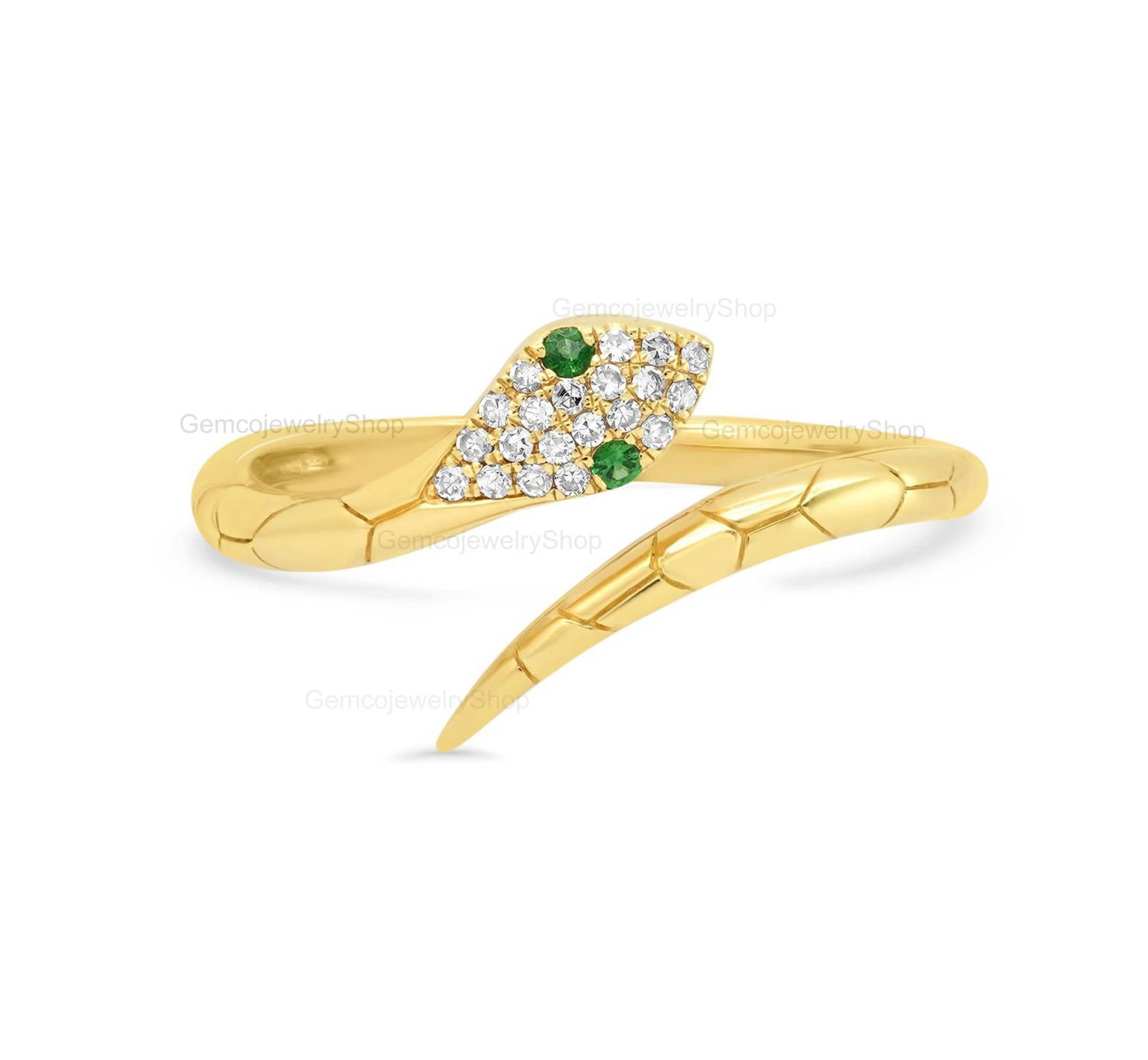 14K Solid Gelbgold Warp Head Zierliche Diamant Ring Natürlicher Smaragd Edelstein Ring, Vorschlag Weihnachtsgeschenk Für Sie, Jubiläumsgeschenk von GemcojewelryShop