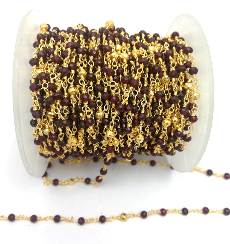 Granat Und Gold Pyrit Edelstein Perlen Kette - 3-4 Mm Facettierte Runde Perlenkette Halskette Verkauf Pro Fuß von Gemdesignss