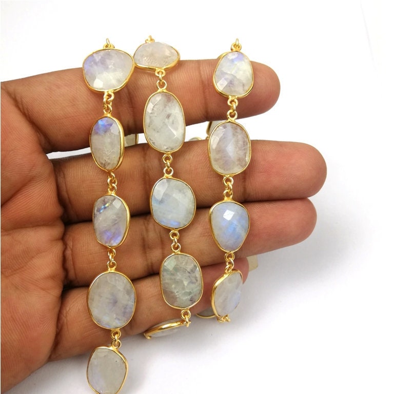 Regenbogen Mondstein Vergoldete Lünette Verbinder Kette - Freeform Größe Facettierte Edelstein Verkauf Pro Fuß von Gemdesignss