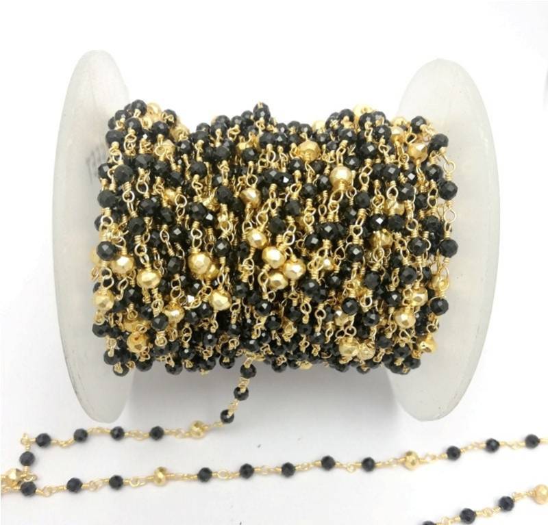 Schwarzer Onyx Und Gold Pyrit Edelstein Perlen Kette - 3-4 Mm Facettierte Runde Perlenkette Halskette Verkauf Pro Fuß von Gemdesignss