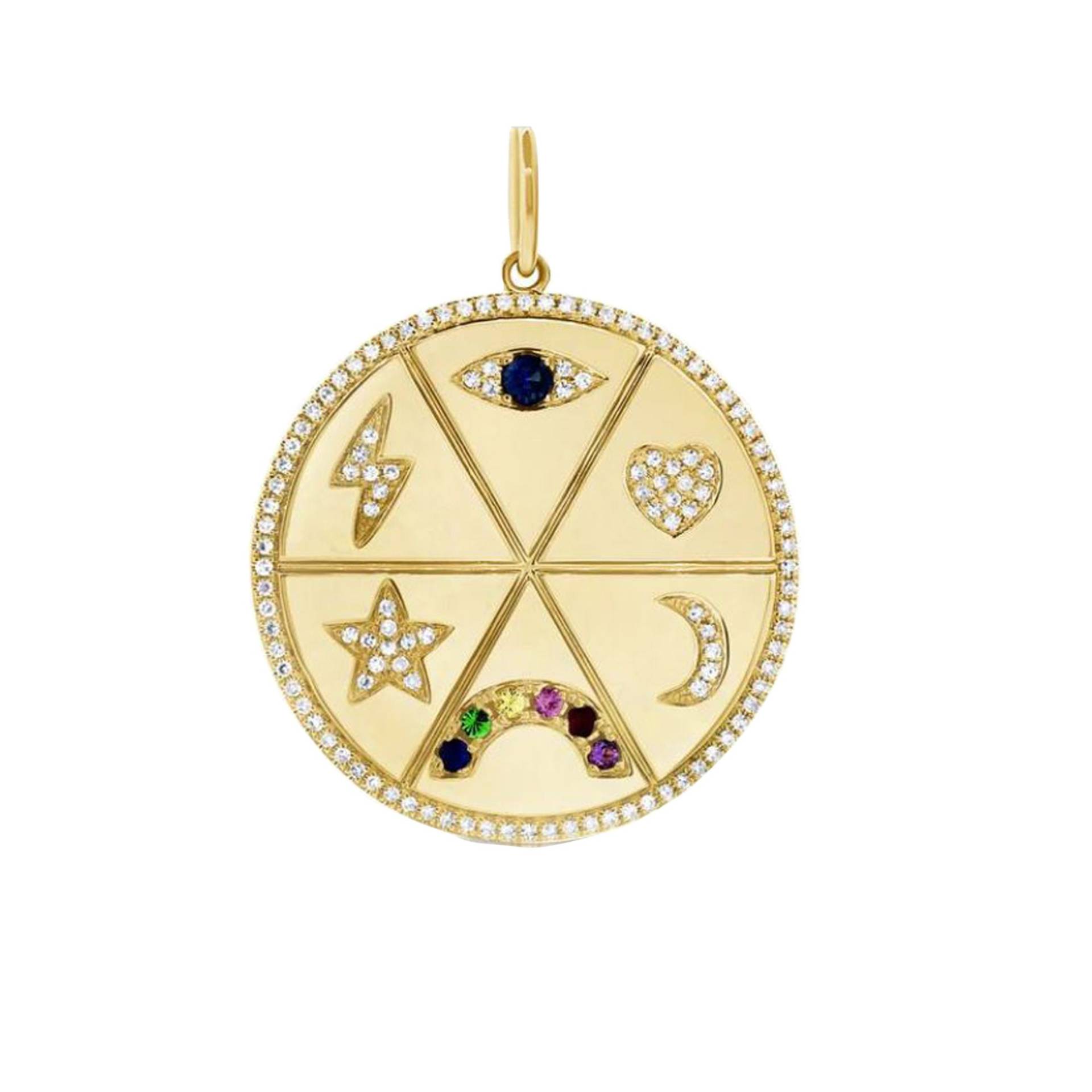 Pave Diamant Anhänger, 14 Karat Gelbgold Herz Mond Stern Blitz, Evil Eye Charms Runde Disc Anhänger Für Frauen, Pn-9125 von Gemdiamondjewels