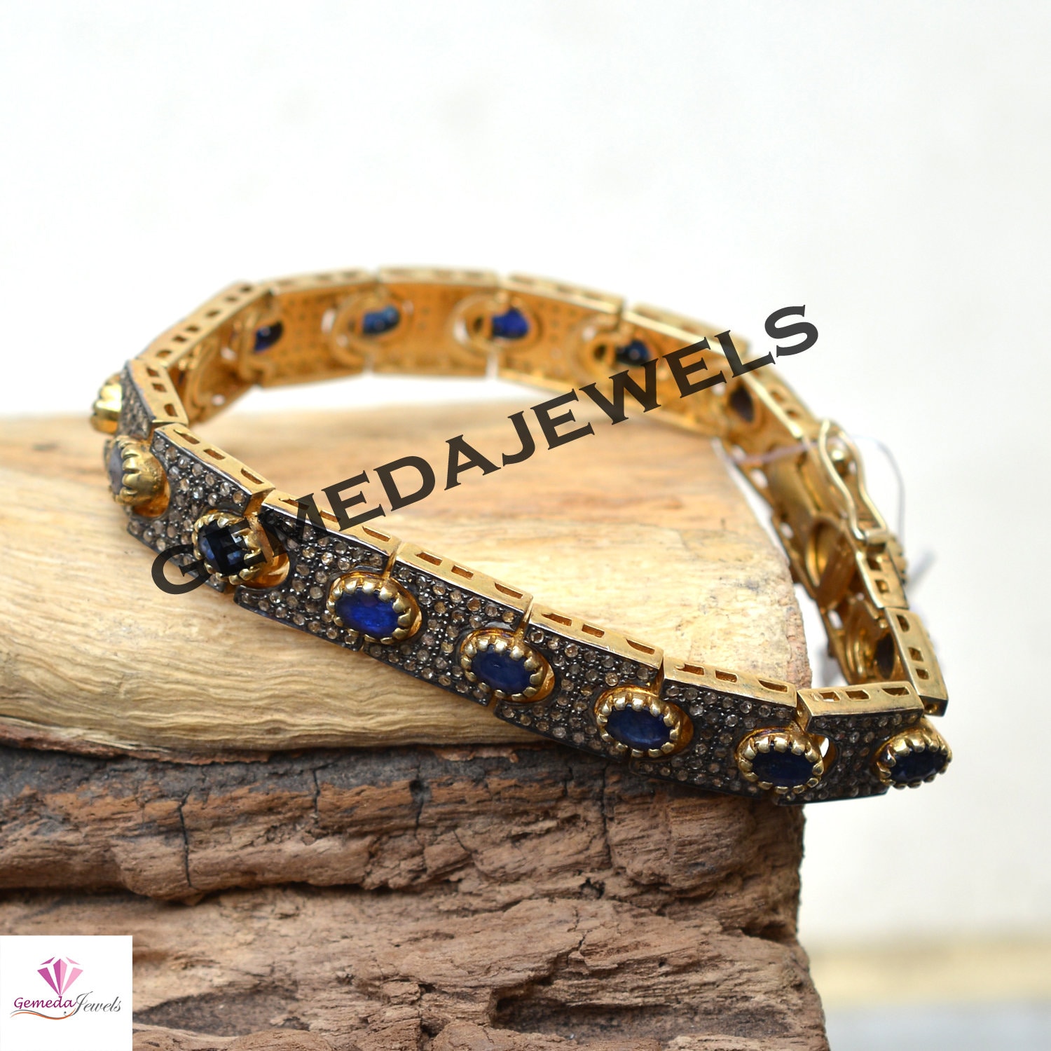 9.81 Cts Blau Saphir Armband, Pave Diamant Schmuck, 925 Silber 14K Vergoldet Glieder Edelstein Schmuck von GemedaJewels