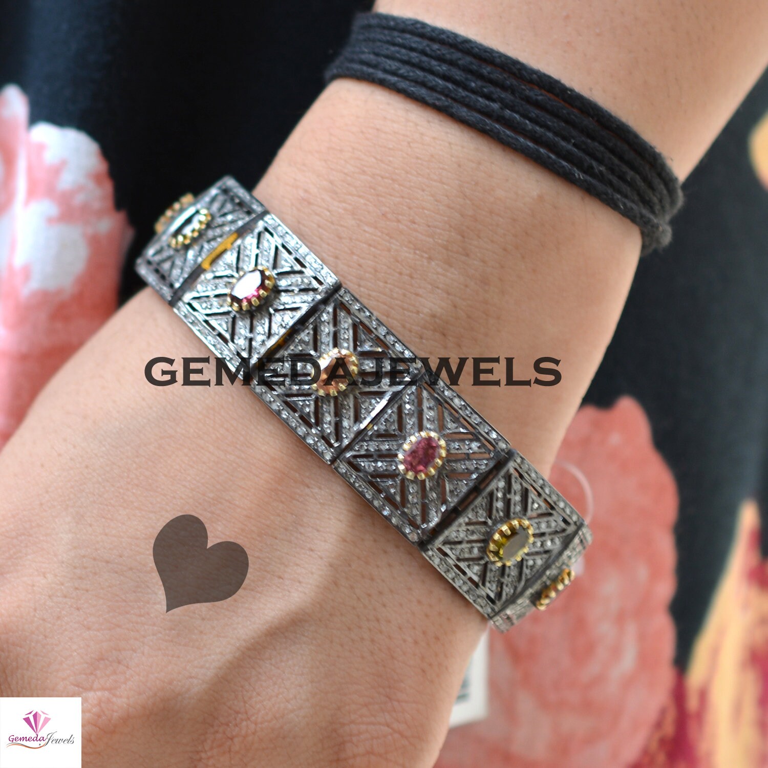 Ausverkauf Multi Turmalin Silber Armband, Pave Diamant 925 Sterling Schmuck, Rhodiniertes Armband von GemedaJewels