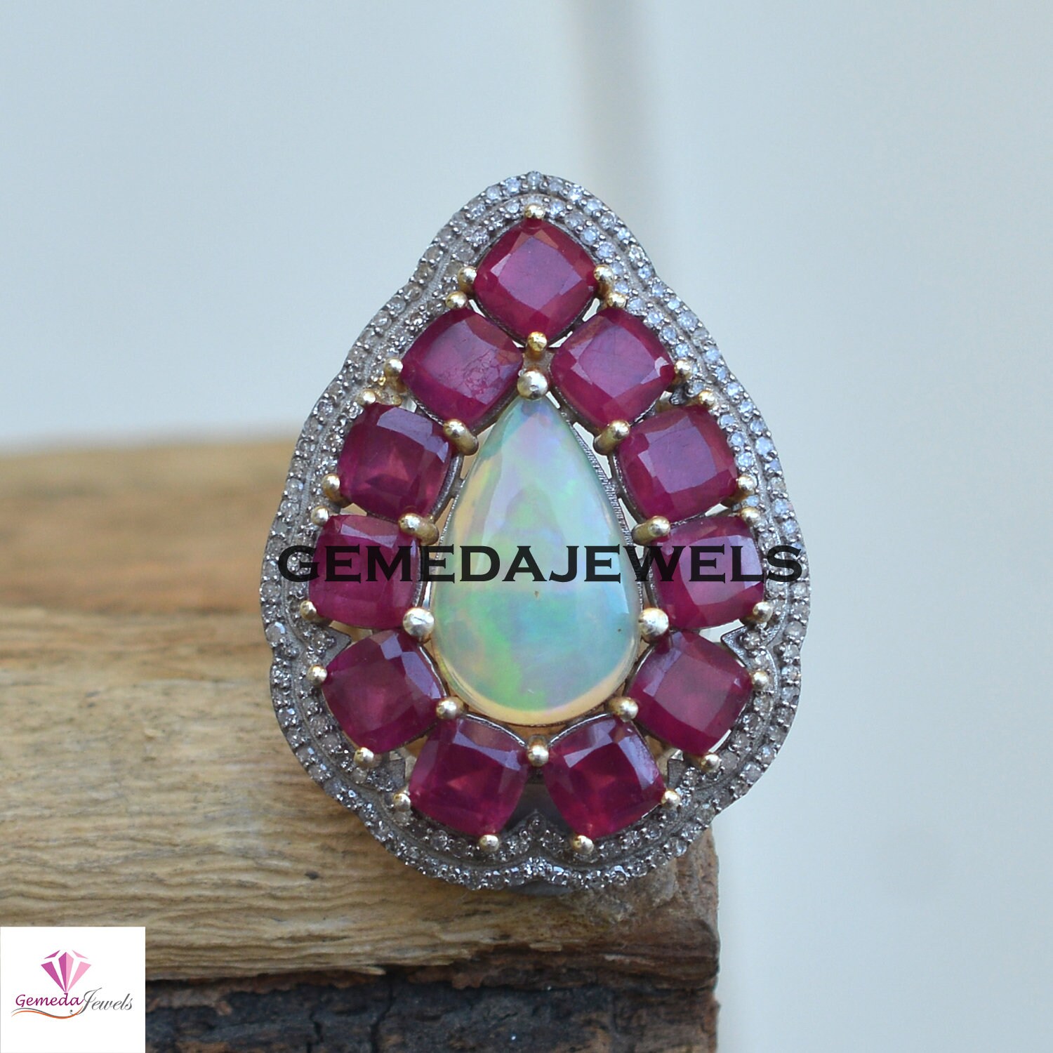 Ausverkauf Opal Edelstein Ring, Rubin Silber Schmuck, Pave Diamant 925 Sterling Personalisierte Geschenke von GemedaJewels