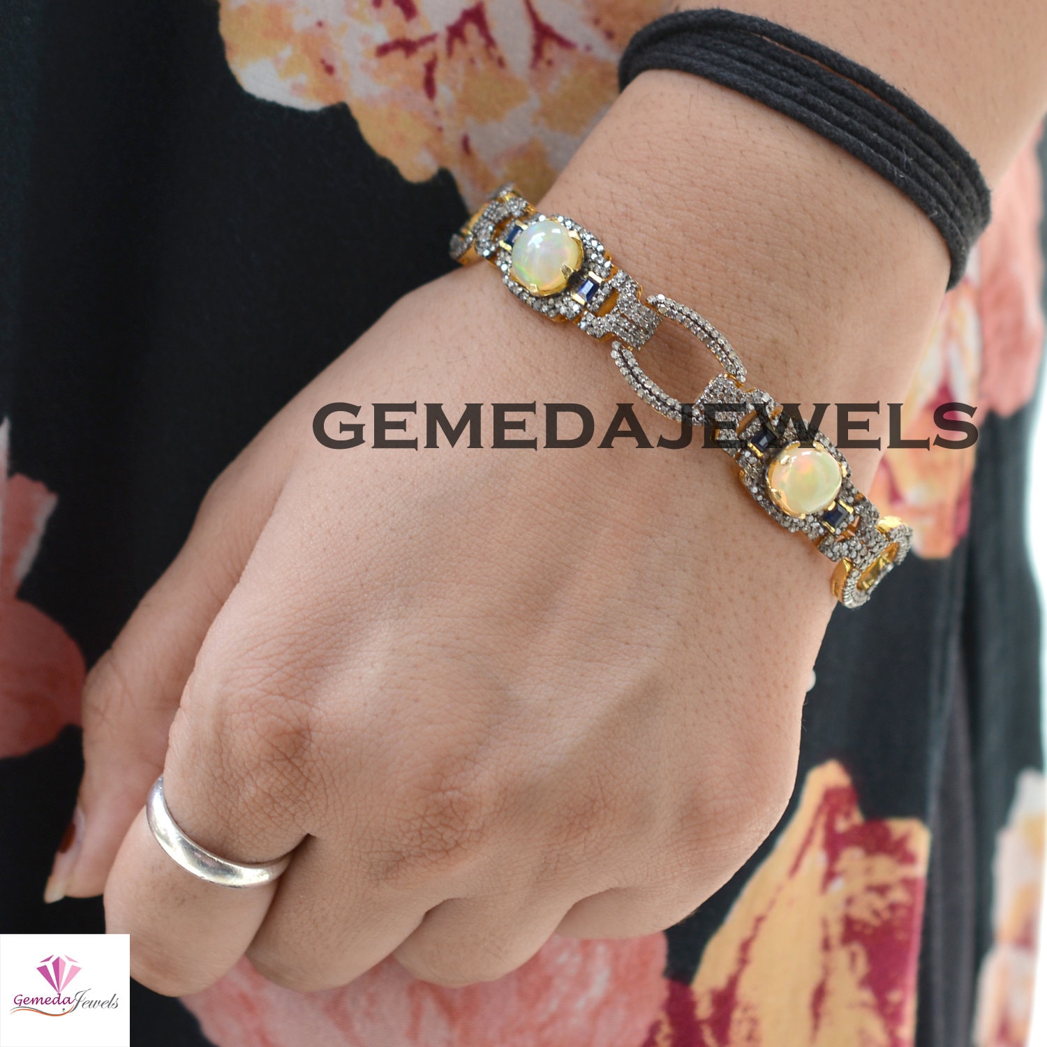 Ausverkauf Pave Diamant Opal Armband, Saphir Silber Schmuck, 925 Sterling 14K Vergoldet Edelstein Armband von GemedaJewels