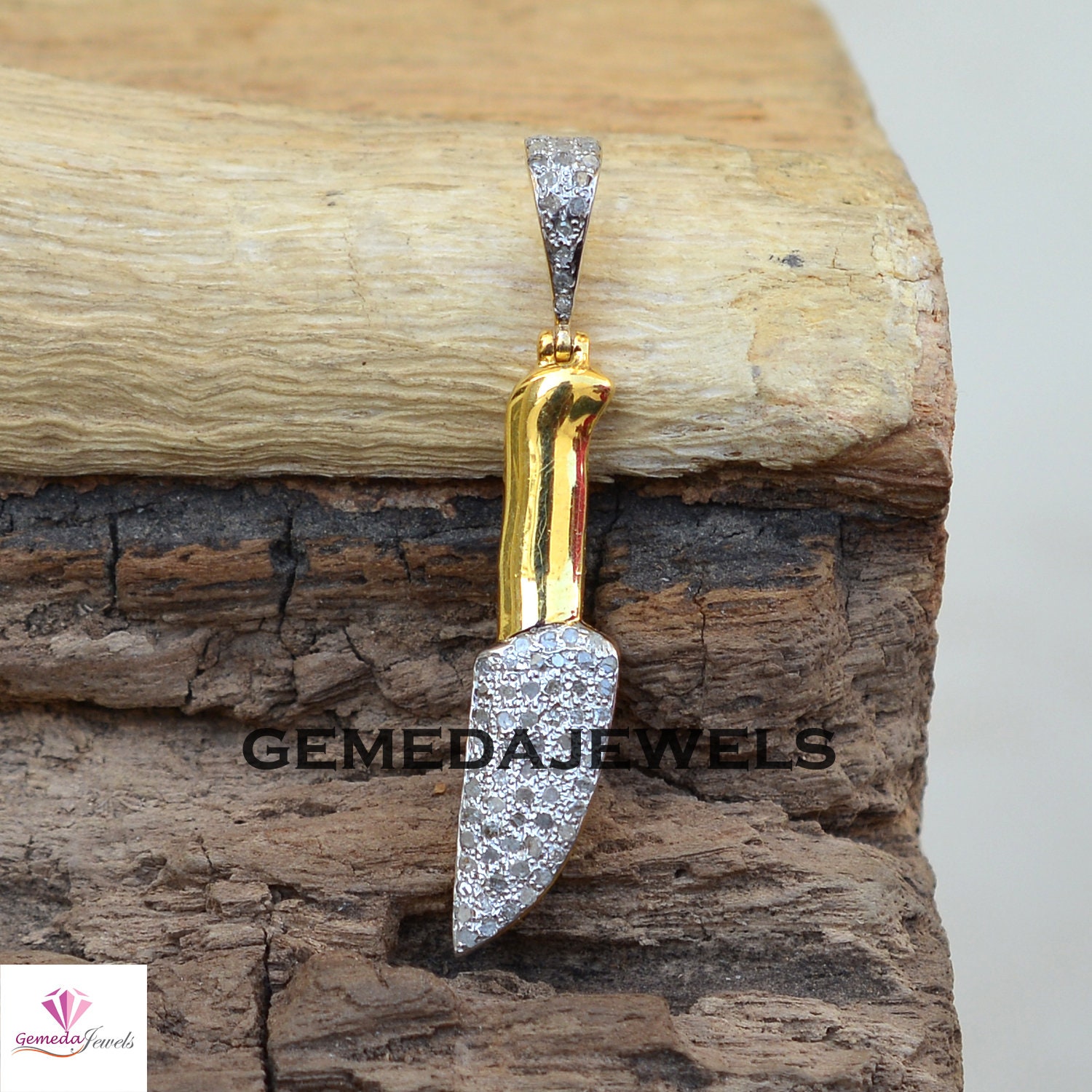 Ausverkauf Pave Diamond Messer Anhänger, 925 Silber Schmuck, Vergoldeter Diamant Klingen 16" Gliederkette Halskette, Geschenke Schmuck von GemedaJewels