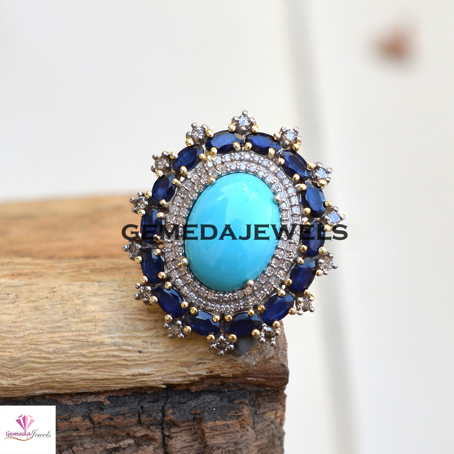 Bezaubernder Blau Türkis Ring, Saphir Ring Schmuck, Pave Diamant 925 Sterling Silber Edelstein Designer Ringe Für Frauen von GemedaJewels