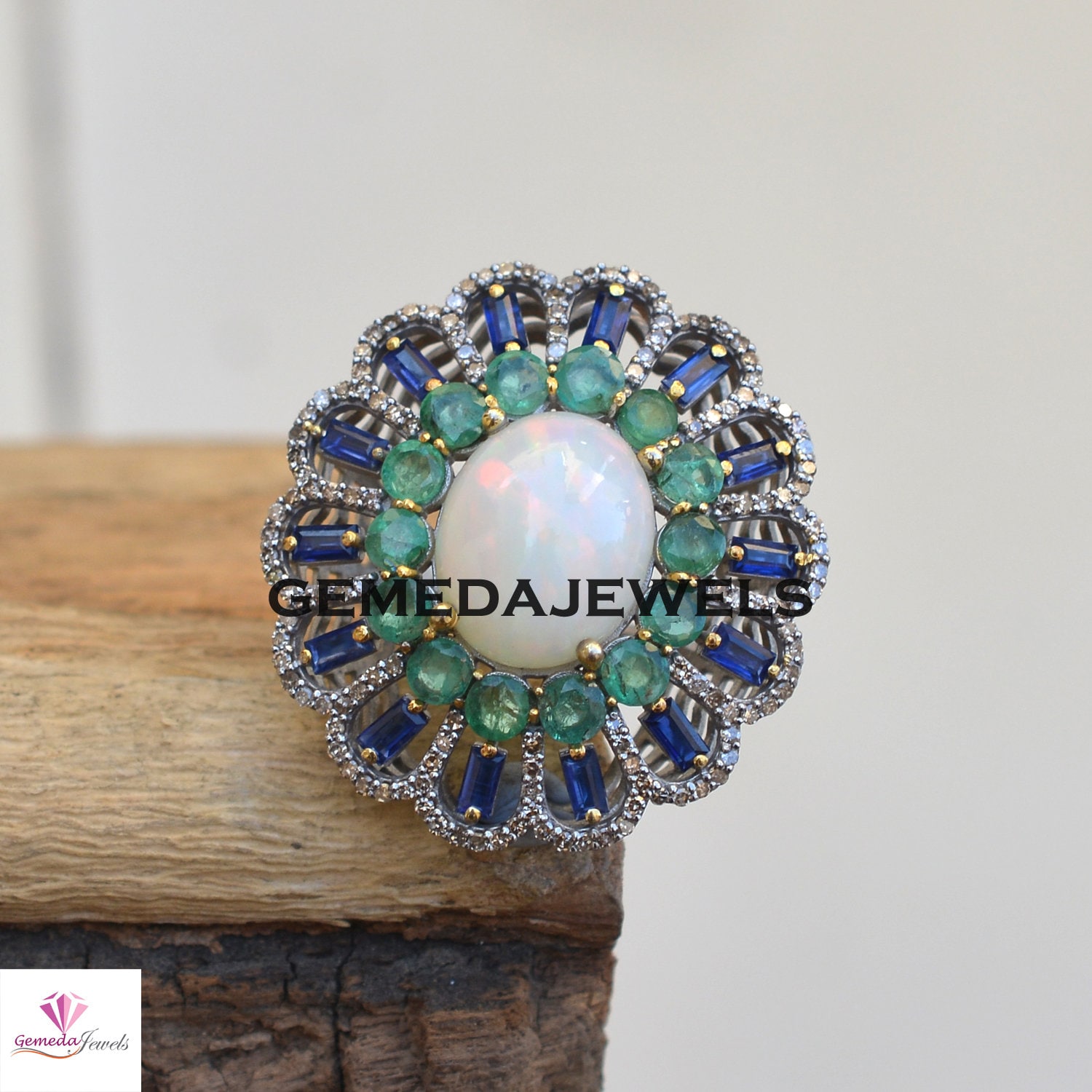 Echter Multi Edelstein Ring, Pave Diamant Schmuck, 925 Silber Opal Smaragd Tansanit Hochzeitsschmuck von GemedaJewels