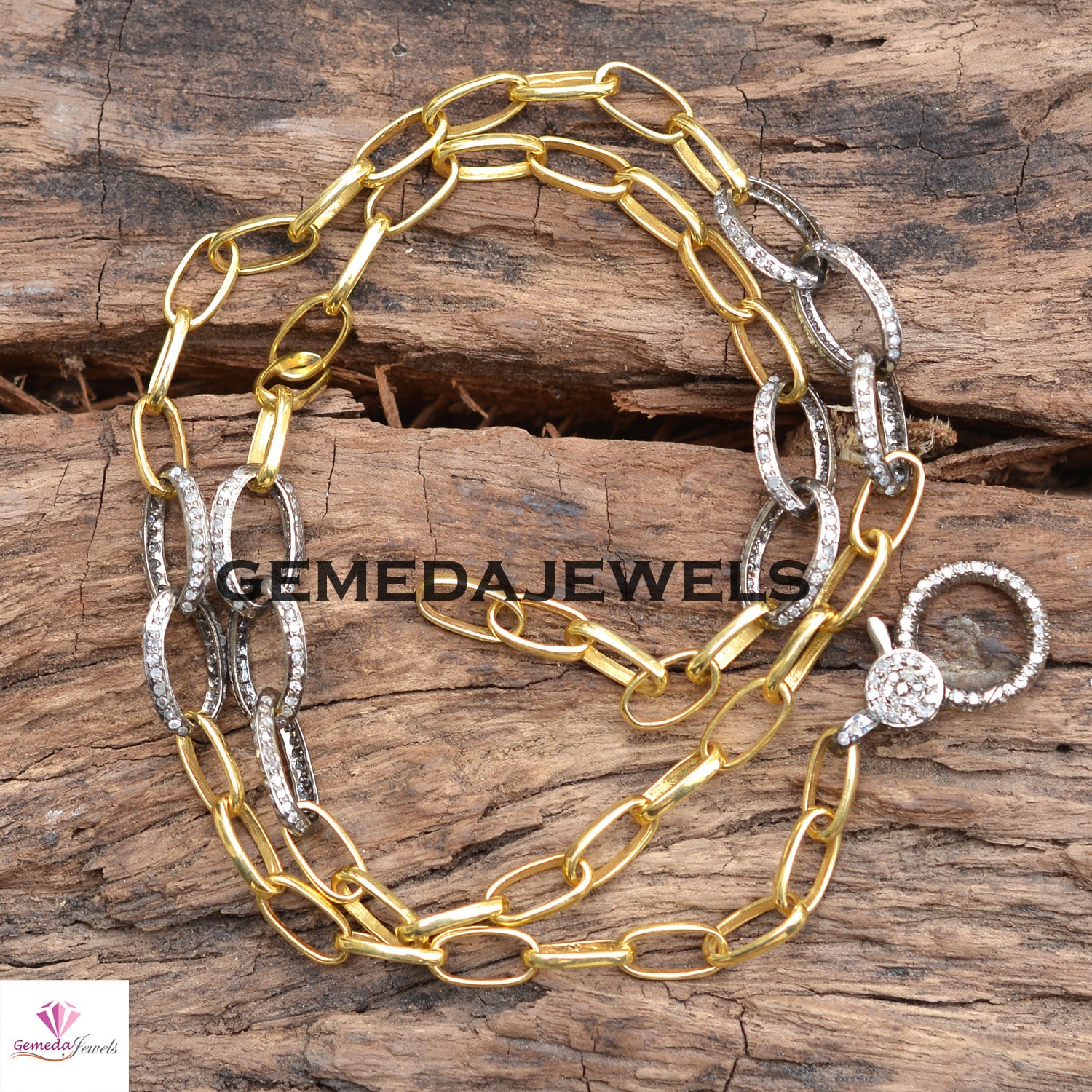 Pavé-Diamant-Gliederkette, 925Er Silberschmuck, Diamant-Verschlussverschluss, Vergoldeter Kettenschmuck, Unisex-Schmuck, 22-Zoll-Kette Pavé-Diamant-Gliederkette, 925Er Silberschmuck, Diamant-Verschlussverschluss, Vergoldeter Kettenschmuck, Unisex-Schmuck, 22-Zoll-Kette von GemedaJewels