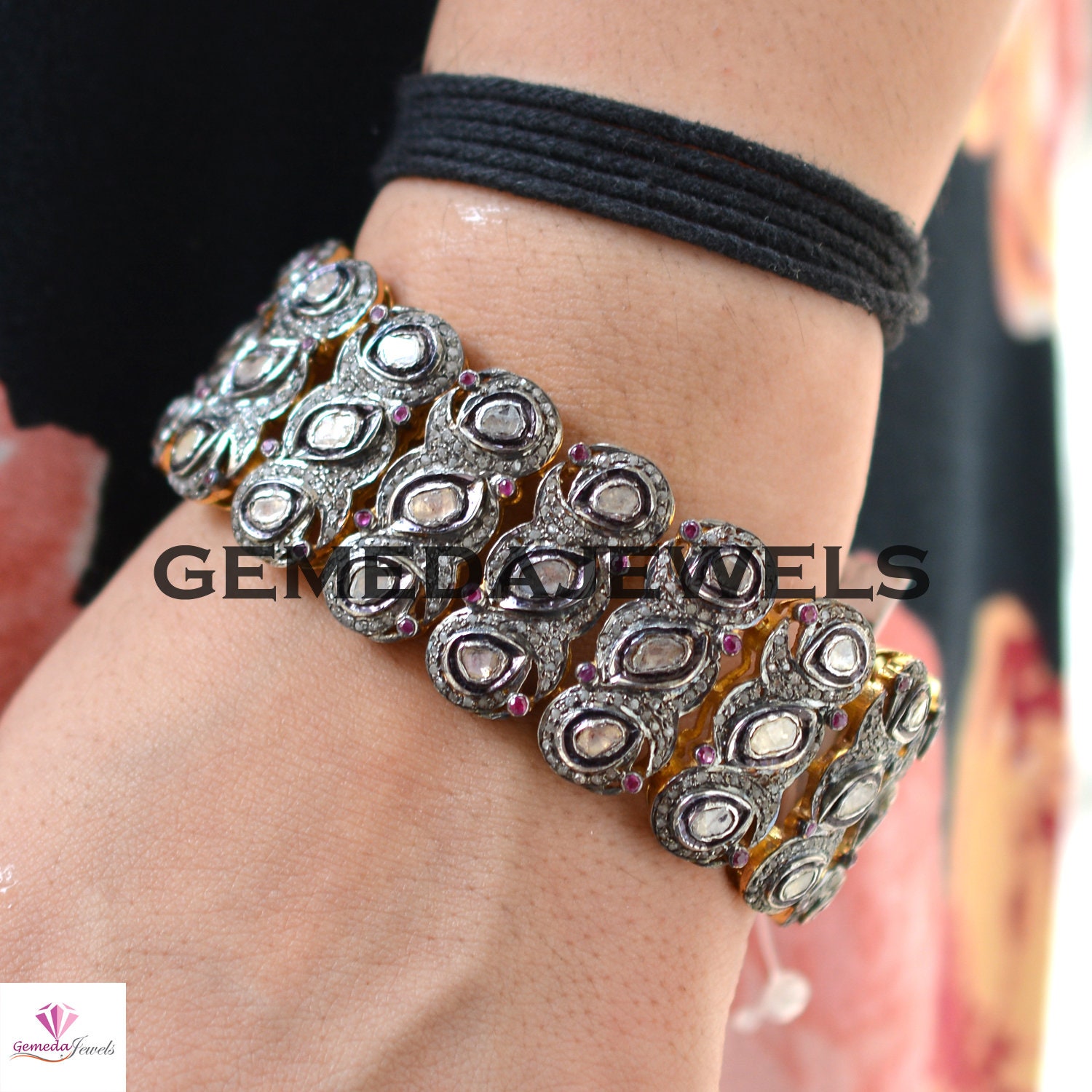 Polki Diamant Armband in Rosenschliff, 925 Silber Gelb Vermeil Schmuck, Designer Pave Glieder von GemedaJewels