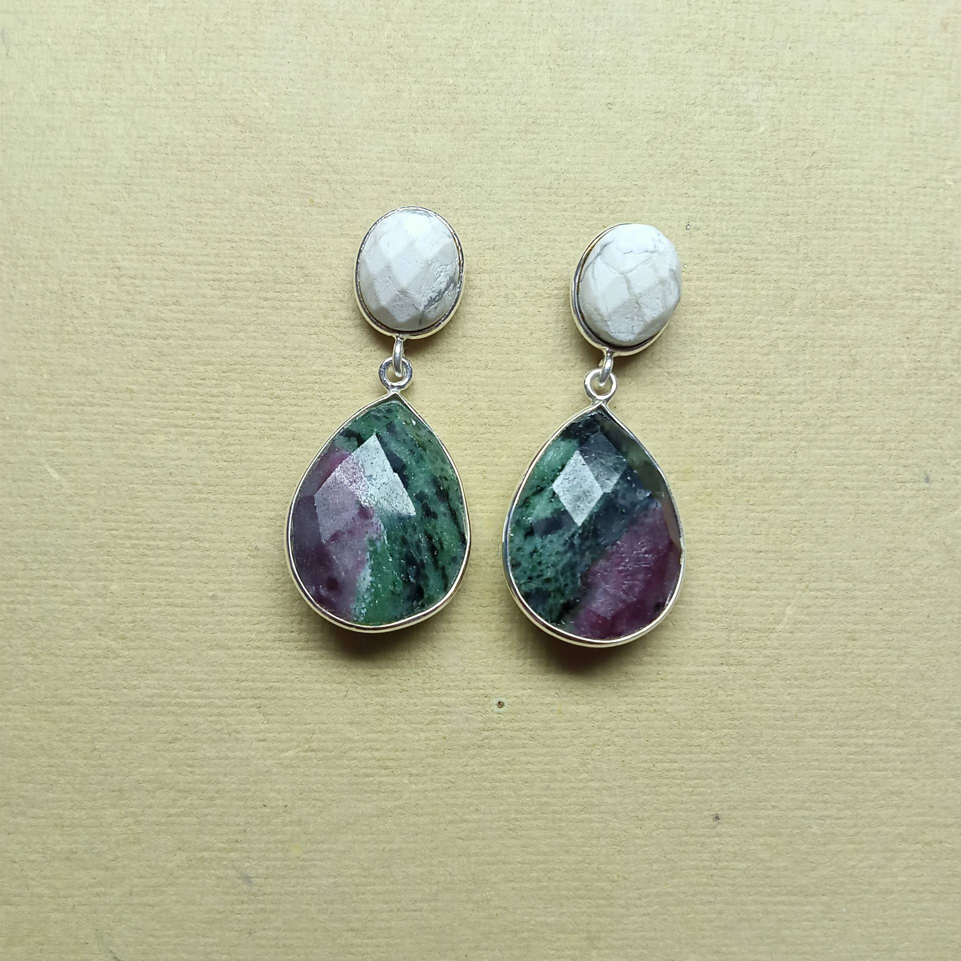 925 Sterling Silber Ohrstecker, Natürliche Howlith Rubin Zoisit Edelstein Zarte Schöne Handgemachte Für Frauen von Gemfindingworld