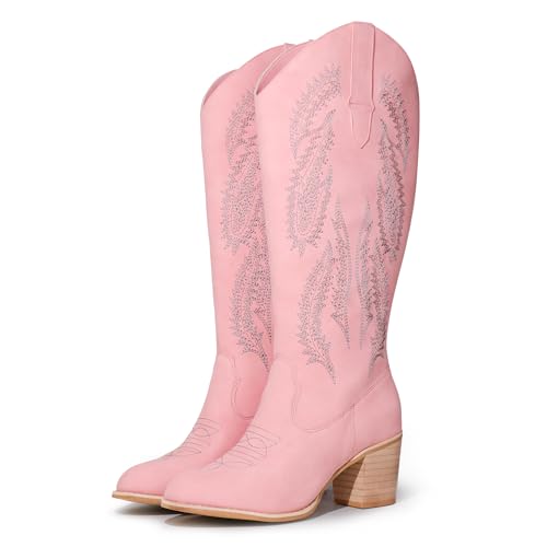 Gemialle Cowboystiefel für Damen, Retro-Stil, klassisch, bestickt, Westernstiefel, Cowgirl-Stiefel mit klobigem Blockabsatz, seitlichem Reißverschluss, runder Zehenbereich, wadenhoch, Pink, 42 EU von Gemialle