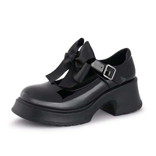 Gemialle Mary Janes Damen Plateau Chunky Block Heels Arbeit Hochzeit Schuhe Knöchelriemen Gothic Lolita Oxfords Abnehmbare Schleife Klassisch Bequem Uniform Kleid Schuhe, Schwarz, 38.5 EU von Gemialle