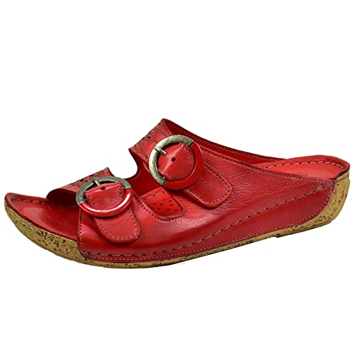 Gemini Damen Pantolette Leder Clog Riemen Schnalle 032820-02, Größe:41 EU, Farbe:Rot von Gemini