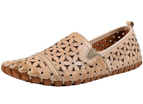 Gemini Damen Slipper Leder Mokassin floral Blumen Cutouts 031174-02, Größe:39 EU, Farbe:Beige von Gemini