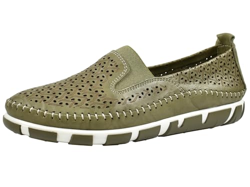 Gemini Damen Slipper Schlüpfschuh Lederschuh mit Lochmuster 395745-01, Größe:40 EU, Farbe:Grün von Gemini