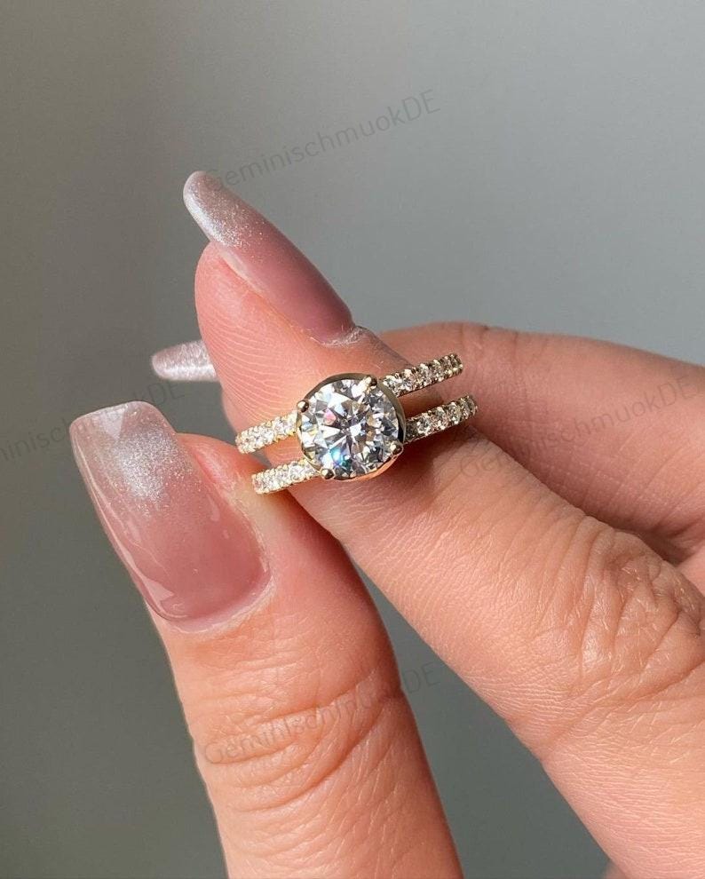 1, 5 Ct Runder Labor Gewachsener Ring Doppelbandring Diamant Braut Set Individuelle Ehering Für Frauen Massivgold Jahrestag Sie von GeminischmuckDE