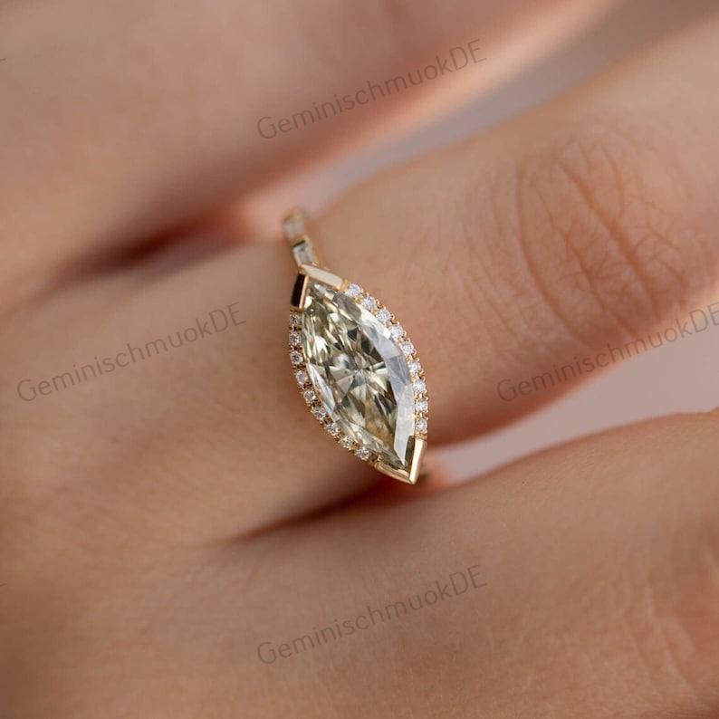 1.74 Ct Diamant Ring Baguette Band Farblos Marquiseschliff Labor Gewachsener Halo von GeminischmuckDE