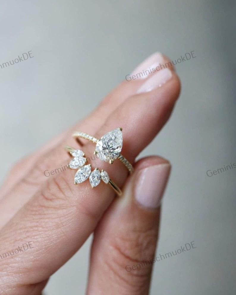 2, 5 Ct Birnen-Schliff Lab Gewachsen Verlobungsring Set Birnenform Braut Für Sie 14K Gold Teardrop Ehering Gebogener von GeminischmuckDE