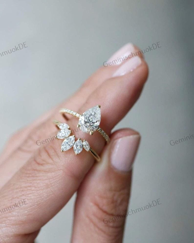 2, 5 Ct Birnen-Schliff Lab Gewachsen Verlobungsring Set Birnenform Braut Für Sie 14K Gold Teardrop Ehering Gebogener von GeminischmuckDE