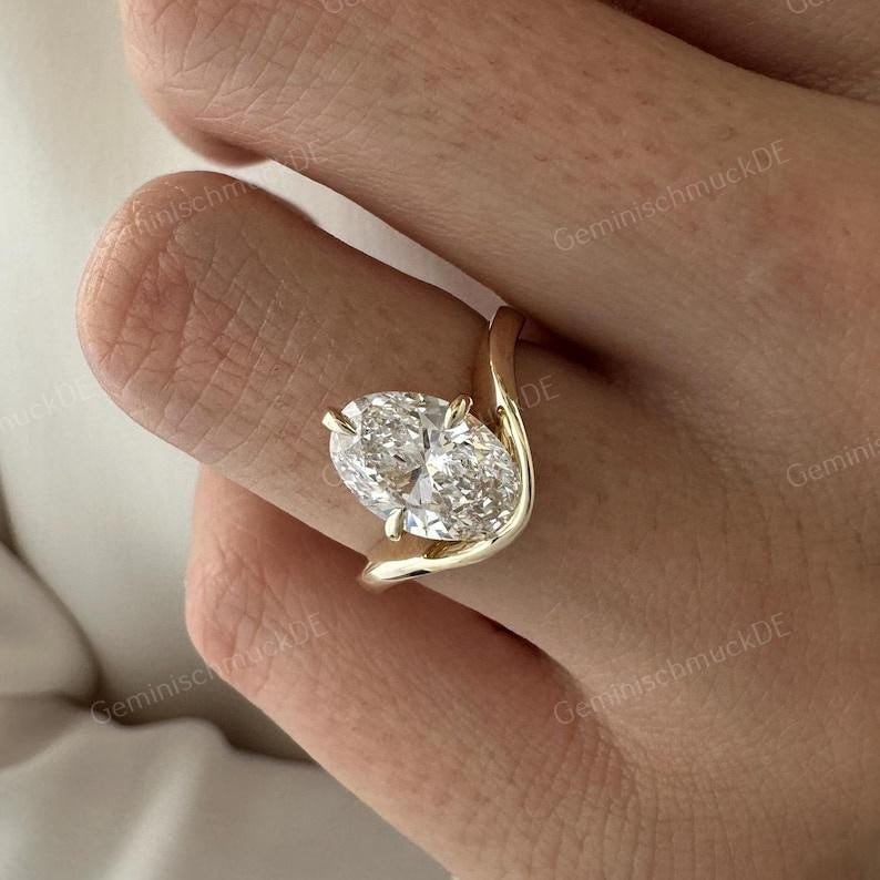 2 Karat Oval Cut Labgrown Diamant Gebogener Solitär Einzigartiger Verlobungsring/14K Gold Nesting Vorschlagring Für Sie von GeminischmuckDE