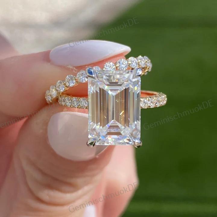 5 Ct Smaragd Schnitt Lab Diamantring Mit Versteckten Halo Und Pave Band 18K Sitzen Bündig Hochzeit Eternity Verlobungsring Vorschlag Ring Für Sie von GeminischmuckDE