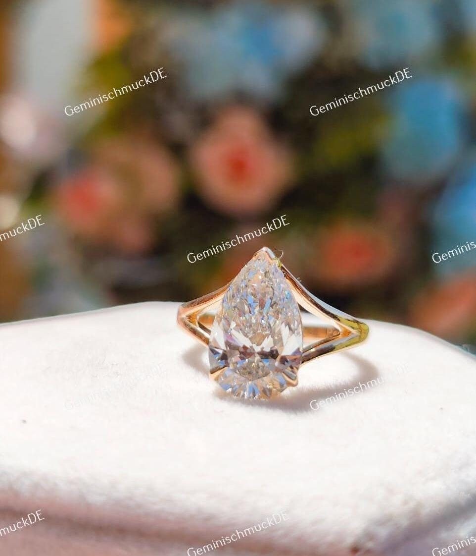 Bestätigen Sie 3, 00 Ct Pear Cut Lab Grown Diamant 14/18K Gelbgold Solitär, Verlobungsring-Vorschlag von GeminischmuckDE