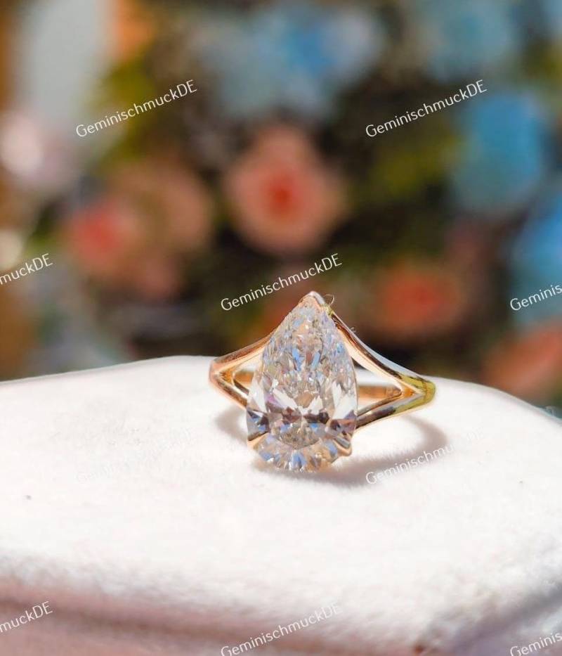 Bestätigen Sie 3, 00 Ct Pear Cut Lab Grown Diamant 14/18K Gelbgold Solitär, Verlobungsring-Vorschlag von GeminischmuckDE