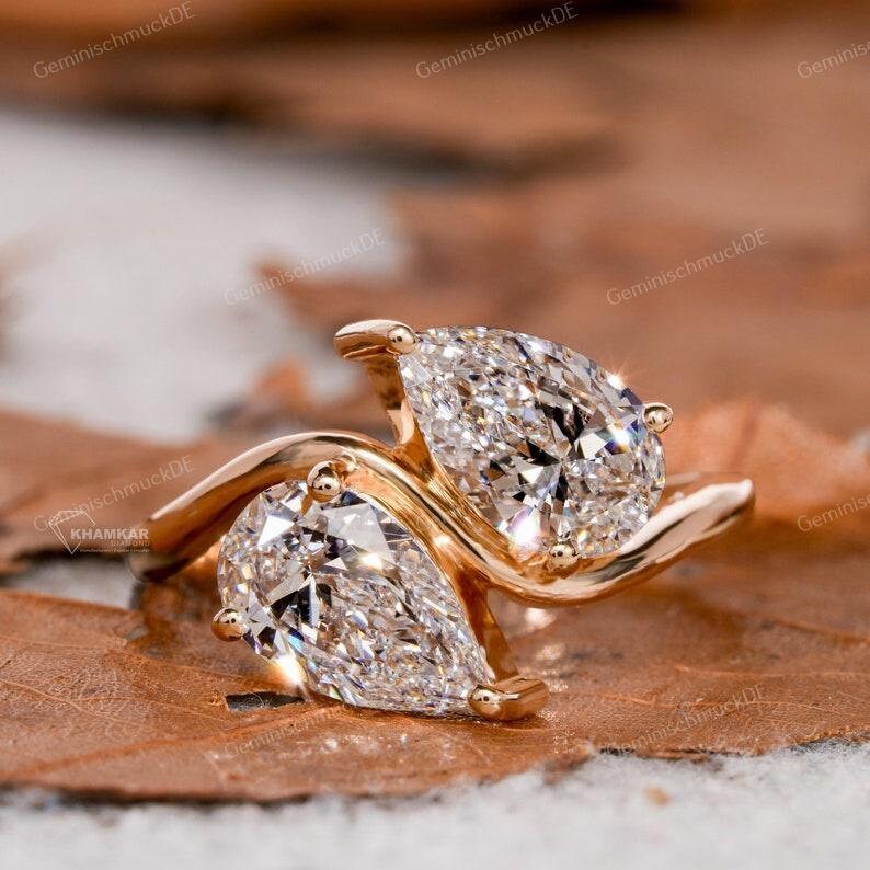 Birnenform Lab Erstellt Diamant Toi Et Moi 2.20 Ct Zwei Stein Verlobungsring Geschenk Für Her-Brautring-Ehering-Unikate Jahrestag Ring von GeminischmuckDE