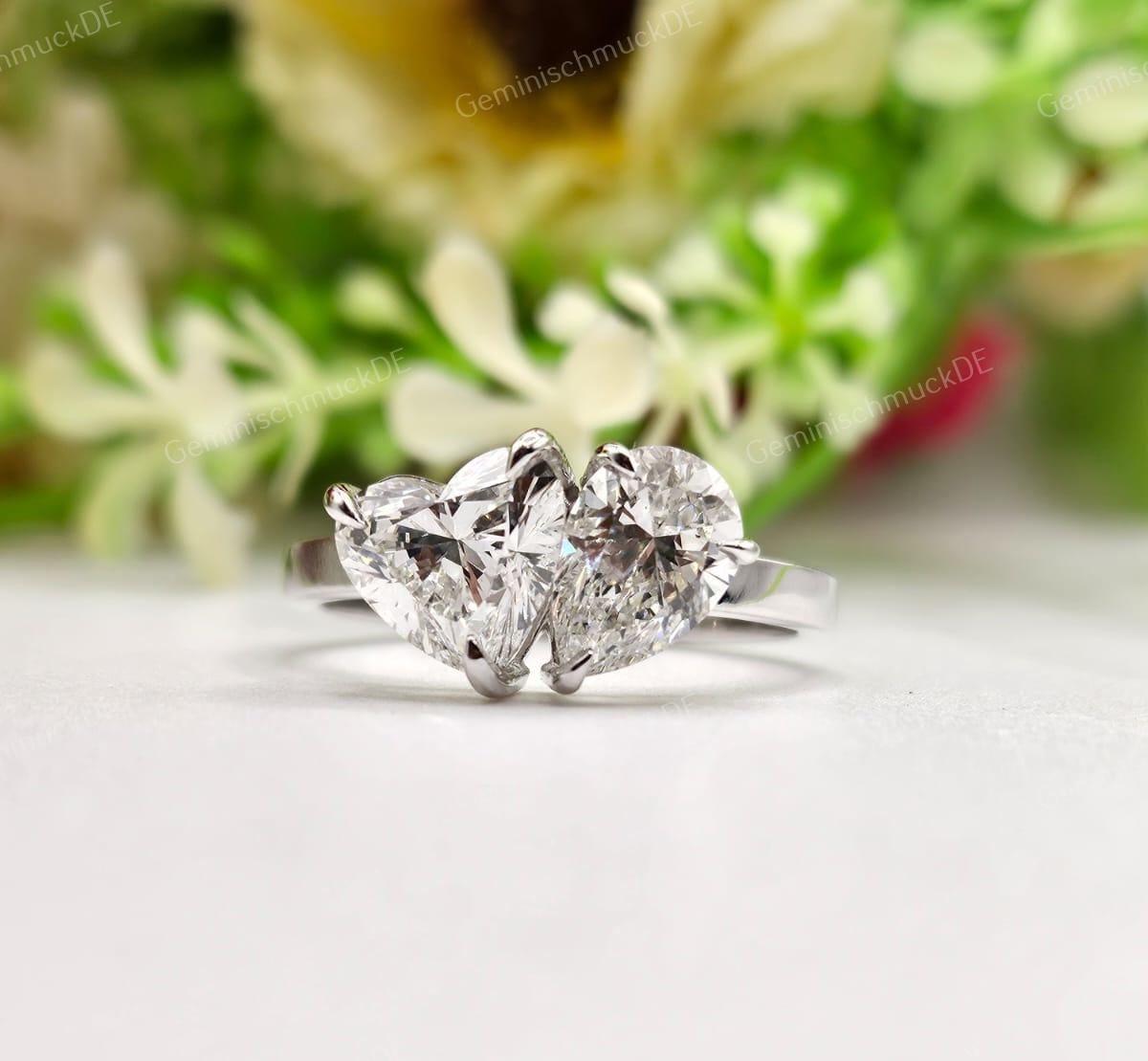 Herz Und Birne Form Labor Erstellt Dimond 18K Weißgold Toi Et Moi Verlobungsring Geschenk Für Ihren Ehering-Vorschlag Ring-Neujahrsgeschenk von GeminischmuckDE