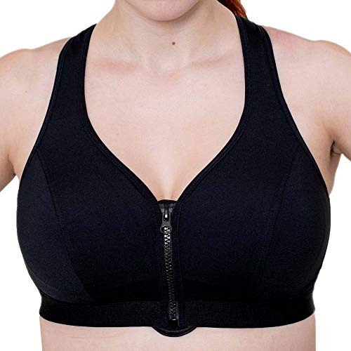 Gemm Damen Sport-BH mit Reißverschluss vorne, mittlere Belastung, ohne Bügel, Schwarz oder Weiß, Schwarz , 100G von Gemm