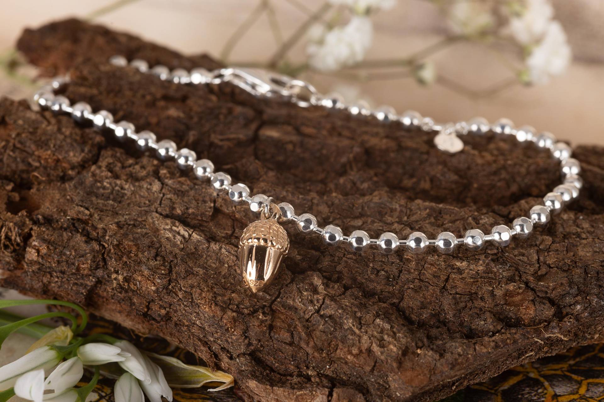 Eichel Armband Aus Sterlingsilber Rosegold Anhänger, Perlenkugel Kette von GemmaJJewellery