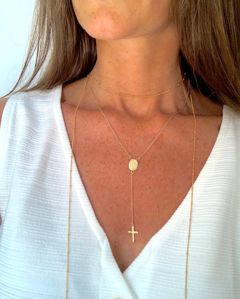 Gold Rosenkranz Halskette, Religiöse Kette, Lariat, Kreuz Rosenkranz, Religiöser Schmuck, Zierlicher Gold Rosenkranz Halskette, Religiöse Kette, Lariat, Kreuz Rosenkranz, Religiöser Schmuck, Zierlicher von GemmeAndGage