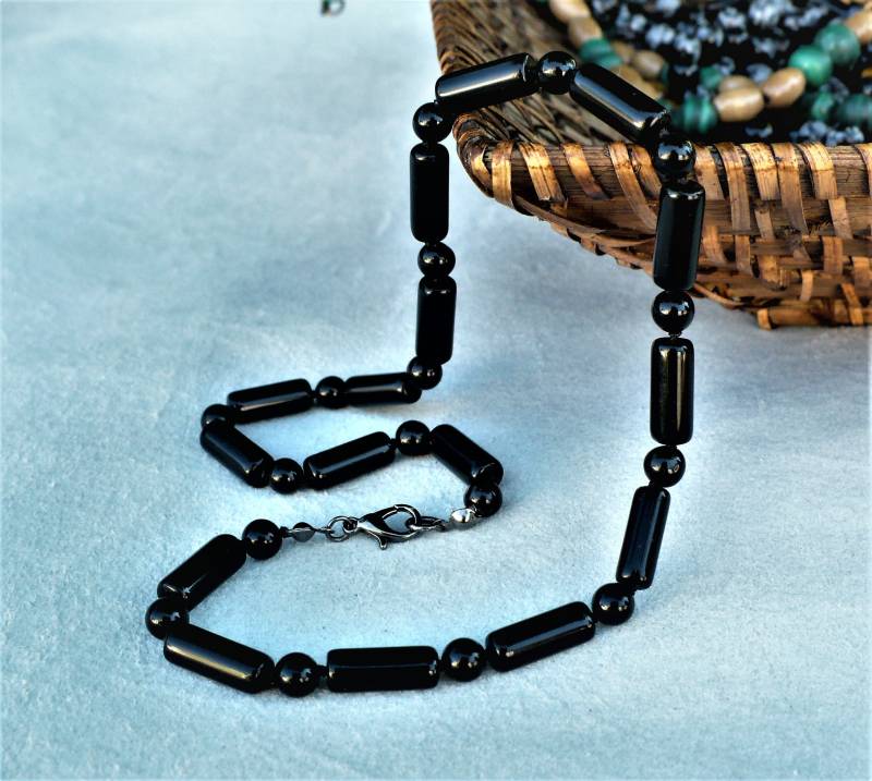Halskette Aus Natürlichem Schwarzem Obsidianstein. Runde Perlen Und Röhrchen 5-6x13 Mm. Mann, Frau. Halbedelstein-Edelstein. Alle Längen Halskette Aus Natürlichem Schwarzem Obsidianstein. Runde Perlen Und Röhrchen 5-6x13 Mm. Mann, Frau. Halbedelstein-Edelstein. Alle Längen von GemmesEnColliers