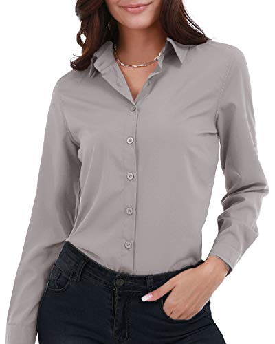Gemolly Damen Basic Button Down Shirts Langarm Plus Size Einfache Baumwolle Stretch Formelle Casual Hemd Bluse - Grau - Groß von Gemolly
