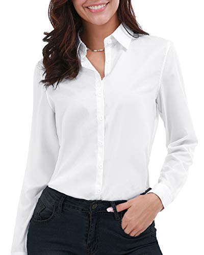 Gemolly Damen Basic Button-Down-Shirt, langärmelig, Übergröße, schlicht, Stretch, formell, lässig, Hemdbluse, B-weiß, Klein von Gemolly