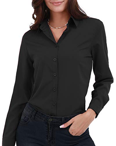 Gemolly Damen Basic Button-Down-Shirts Langarm Übergröße einfache Baumwolle Stretch formell Casual Hemd Bluse - Schwarz - XXX-Large von Gemolly