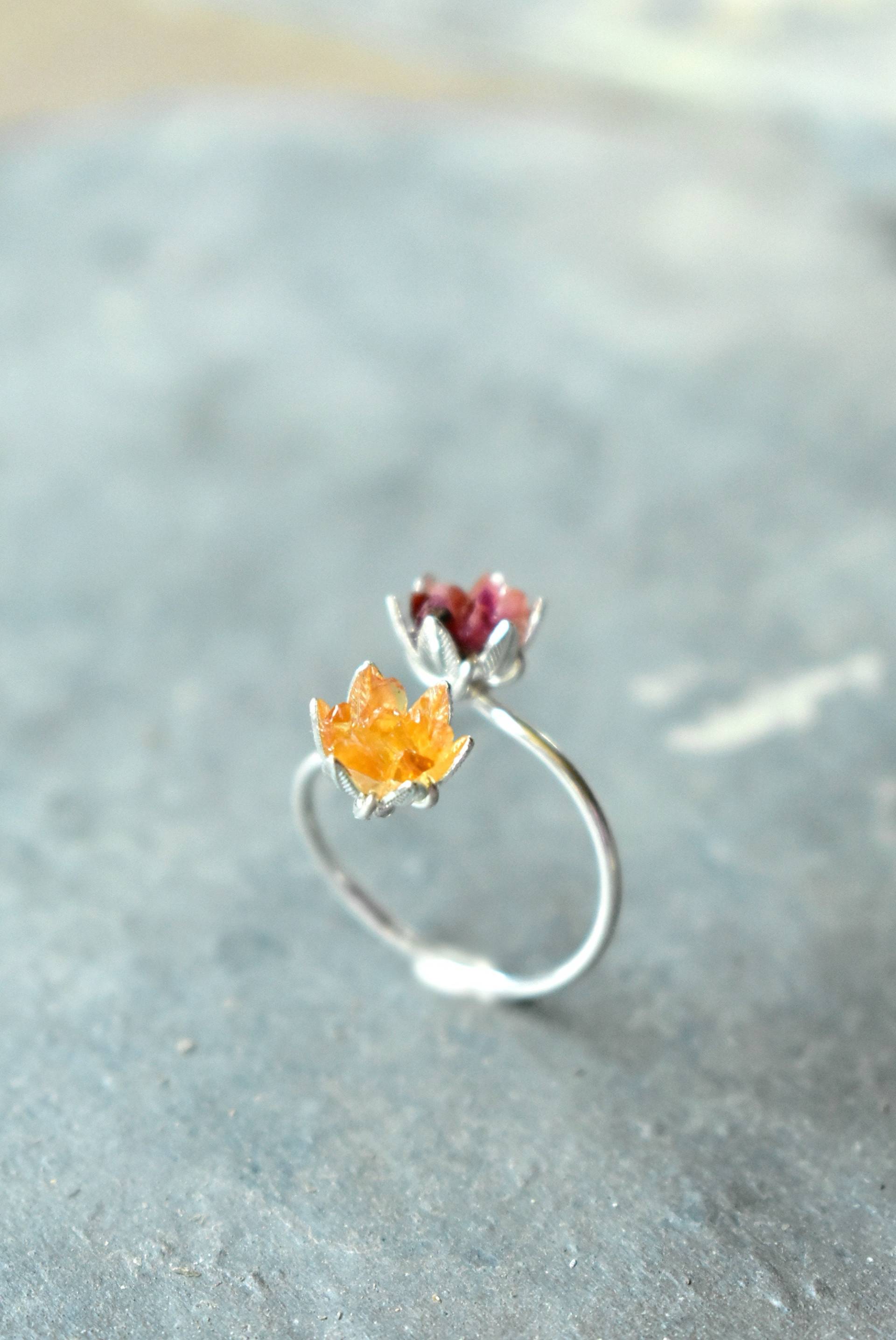 Einzigartiger Citrin Und Rubin Ring, Lotus Blume Sterling Cuff Ungeschnittener Edelstein Verlobungsring, Mutterring Kinder Geburtsstein von Gemologies