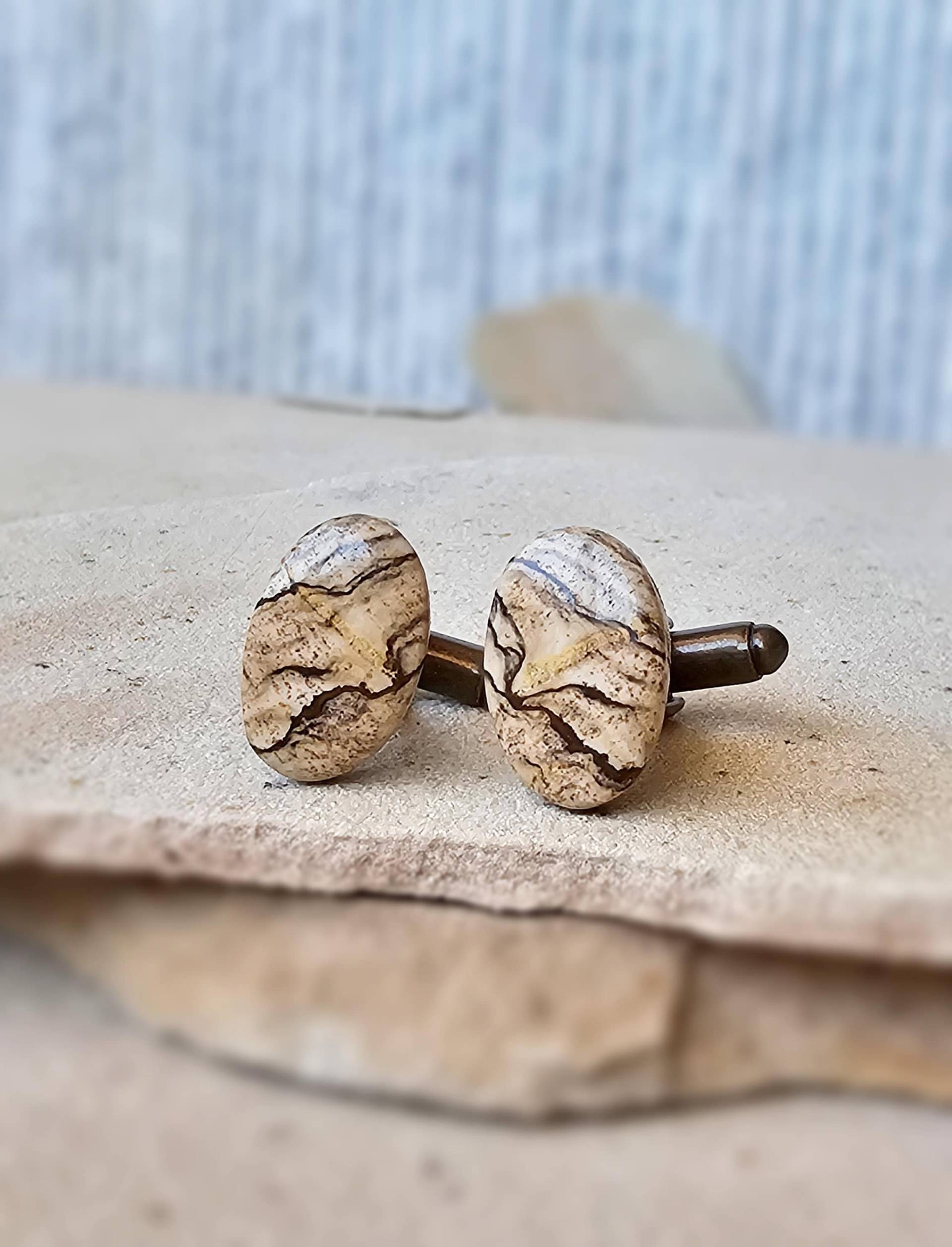 Fossiler Stein Manschettenknöpfe, Bild Jaspis Sandstein Cabochon Paar, Geschenk Für Geologen, Strand Hochzeit Manschettenknöpfe Den Bräutigam von Gemologies